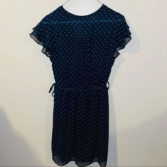 LOFT Navy Blue Polka Dot Ruffle Sleeve V-Neck Tie Waist Dress - Picture 5 of 8